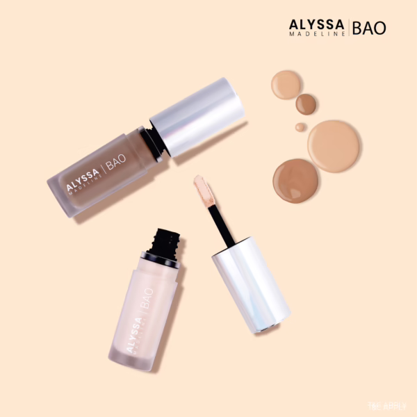 Alyssa Bao cosmetic products and swatches on beige background.