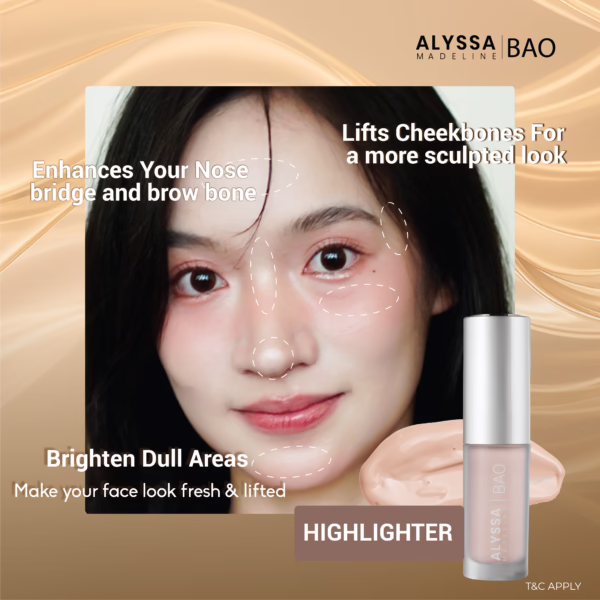 Face highlighting products enhance cheekbones and nose.