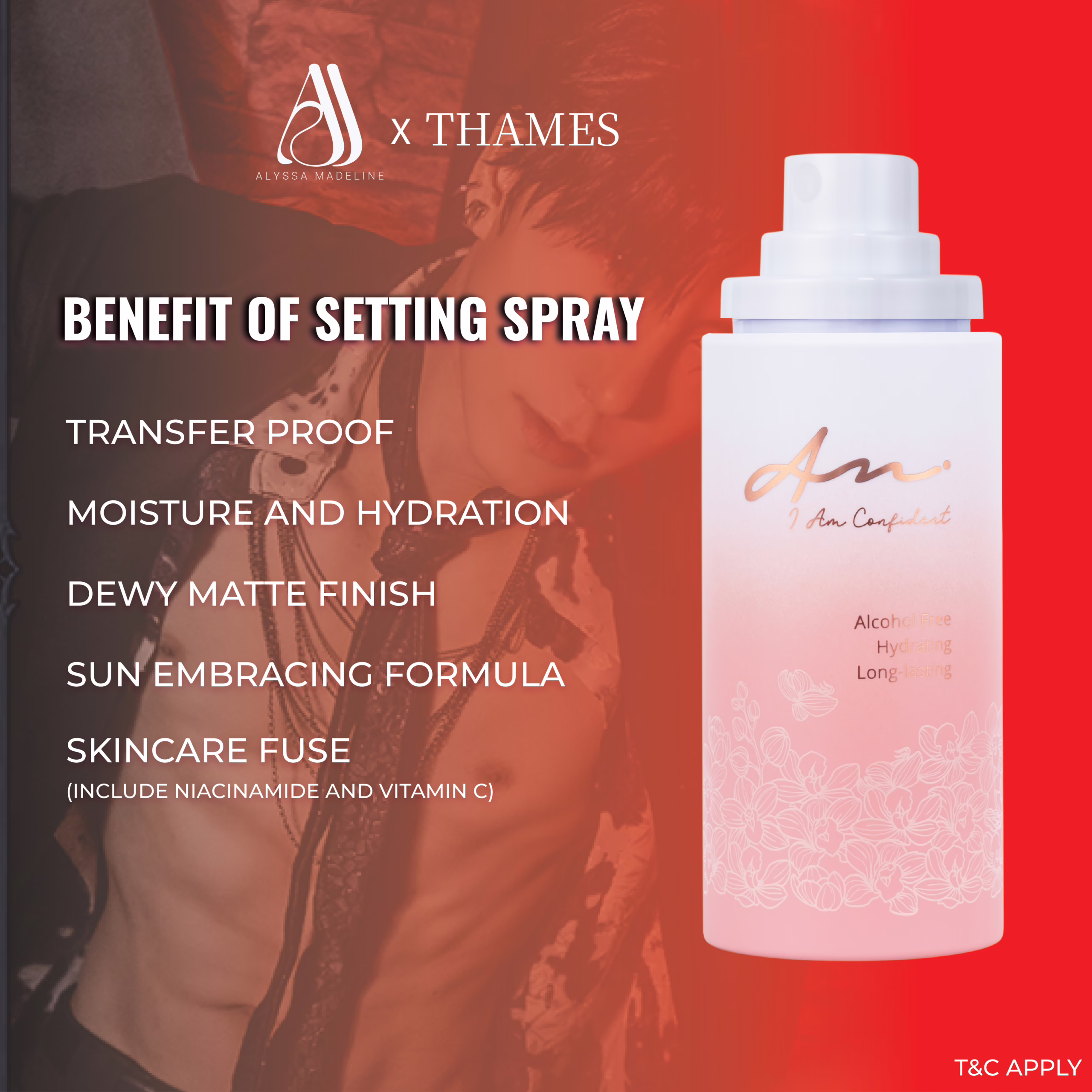 Alcohol-free hydrating setting spray benefits listed.