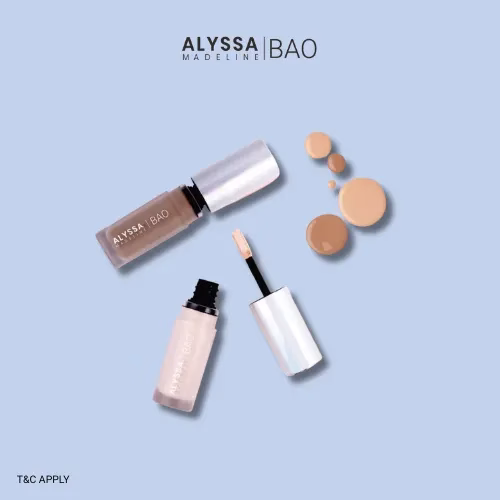 8 Alyssa Bao concealer products on blue background.
